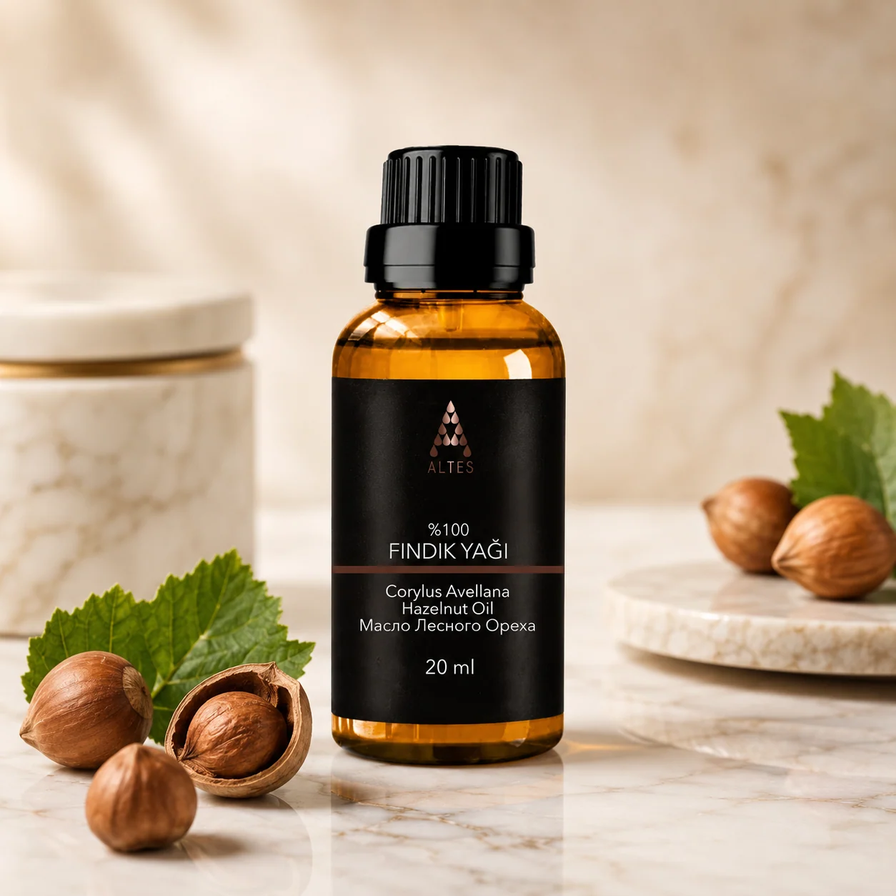 ALTES Fındık Yağı 20 ml – %100 Saf ve Doğal Soğuk Sıkım - mermer zemin ürün görseli