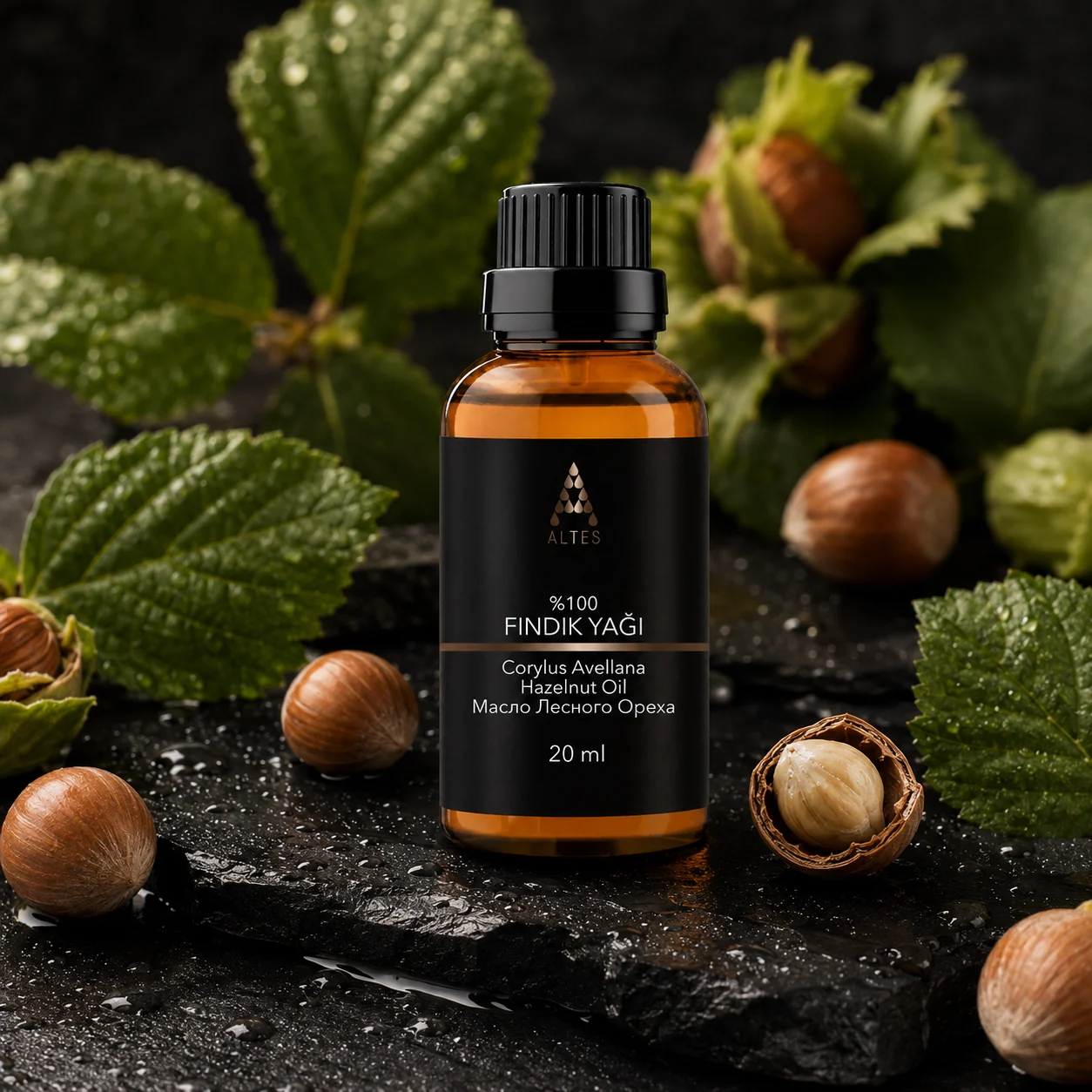 ALTES Fındık Yağı 20 ml – %100 Saf ve Doğal Soğuk Sıkım - siyah taş zemin ürün görseli
