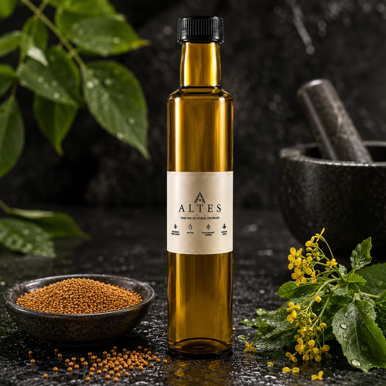ALTES Hardal Tohumu Yağı 250 ml – %100 Saf ve Doğal - siyah taş zemin ürün görseli