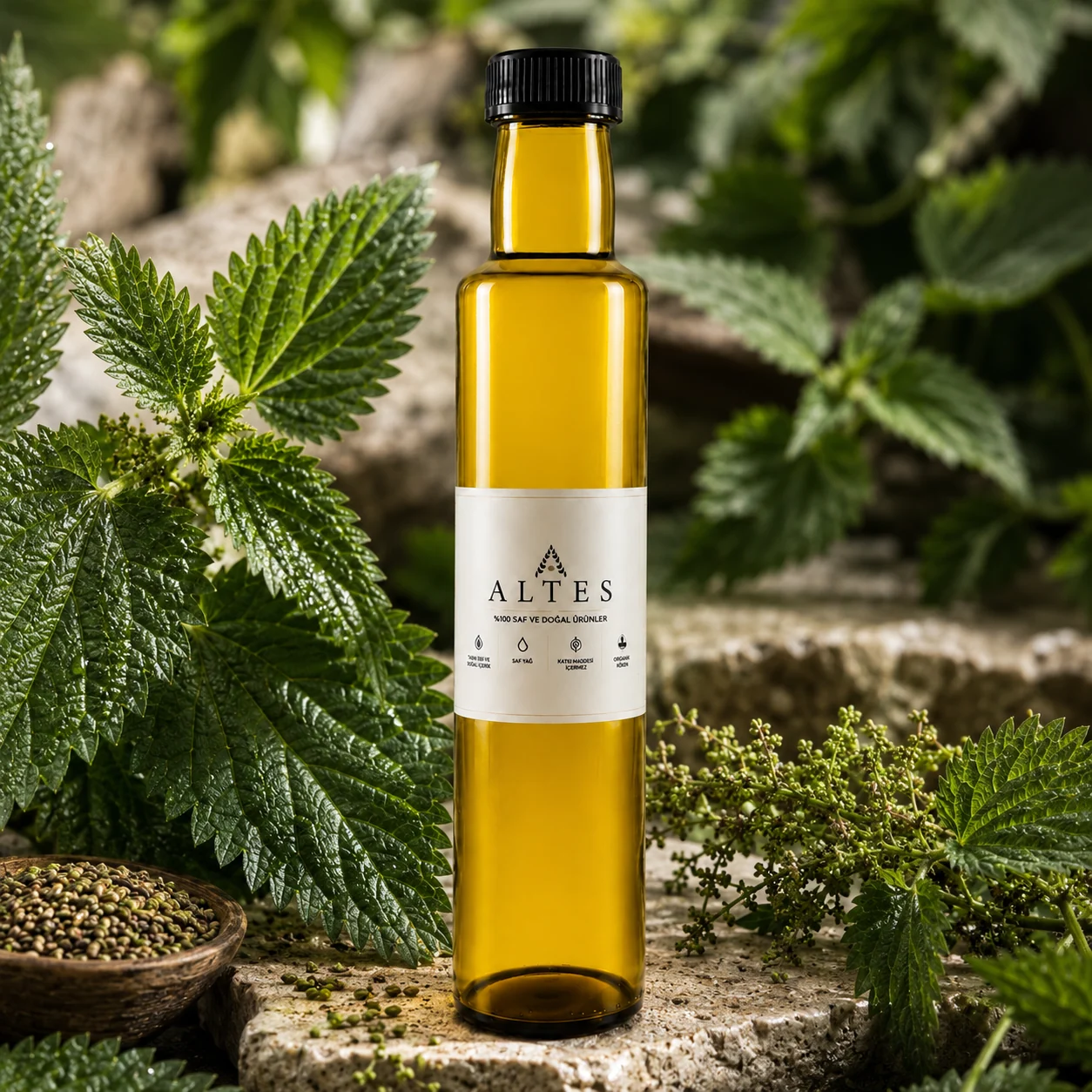ALTES Isırgan Tohumu Yağı 250 ml – %100 Saf ve Doğal - bitkisel yakın plan ürün görseli