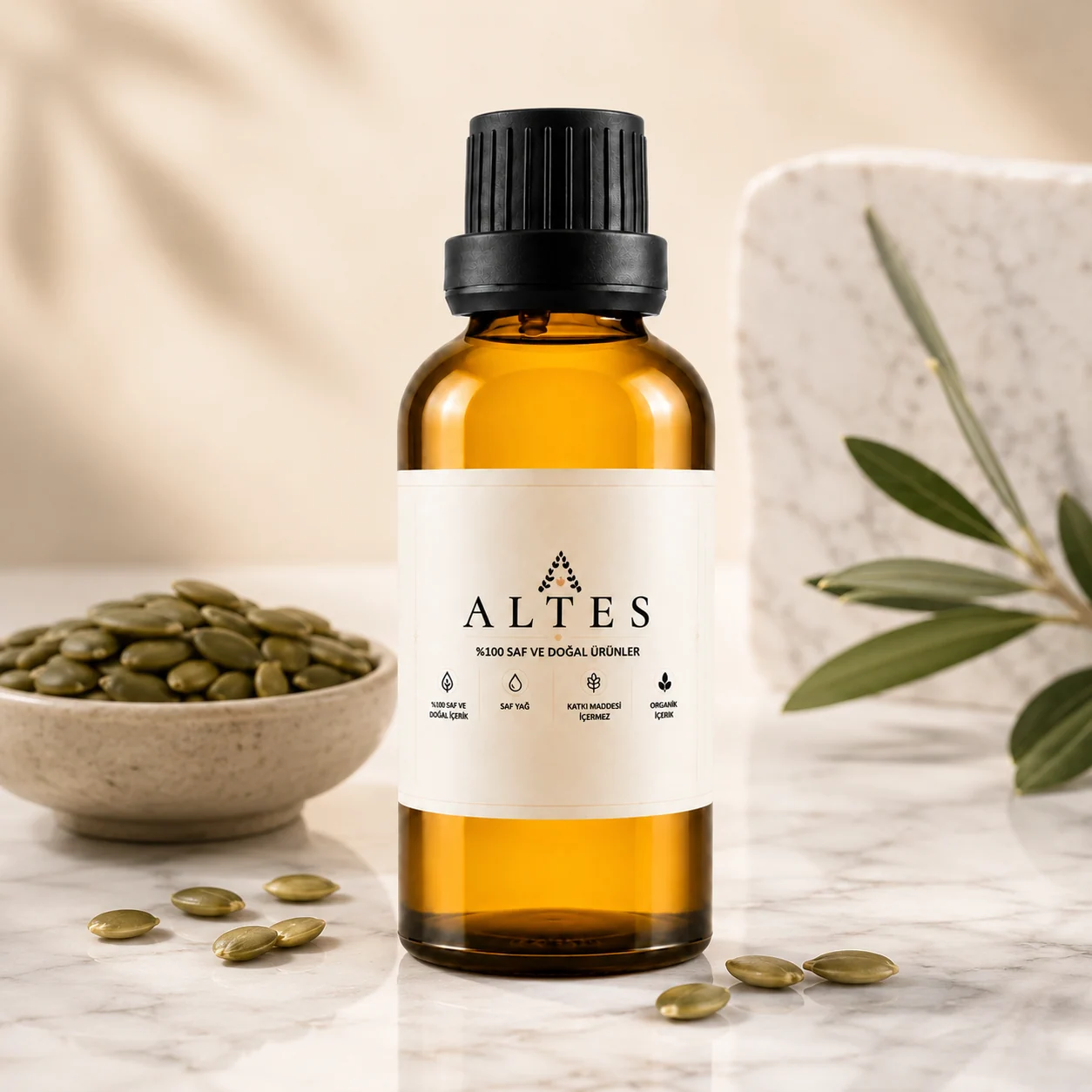 ALTES Kabak Çekirdeği Yağı 100 ml – %100 Saf ve Doğal - mermer zemin ürün görseli