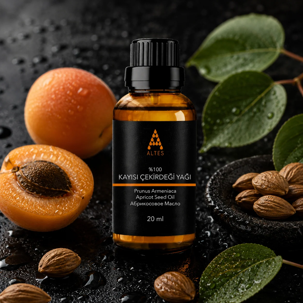 ALTES Kayısı Çekirdeği Yağı 20 ml – %100 Saf ve Doğal - siyah taş zemin ürün görseli
