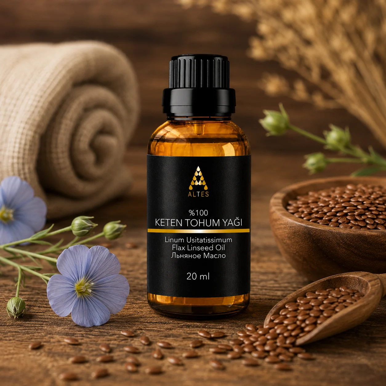 ALTES Keten Tohumu Yağı 20 ml – %100 Saf ve Doğal - ahşap zemin ürün görseli