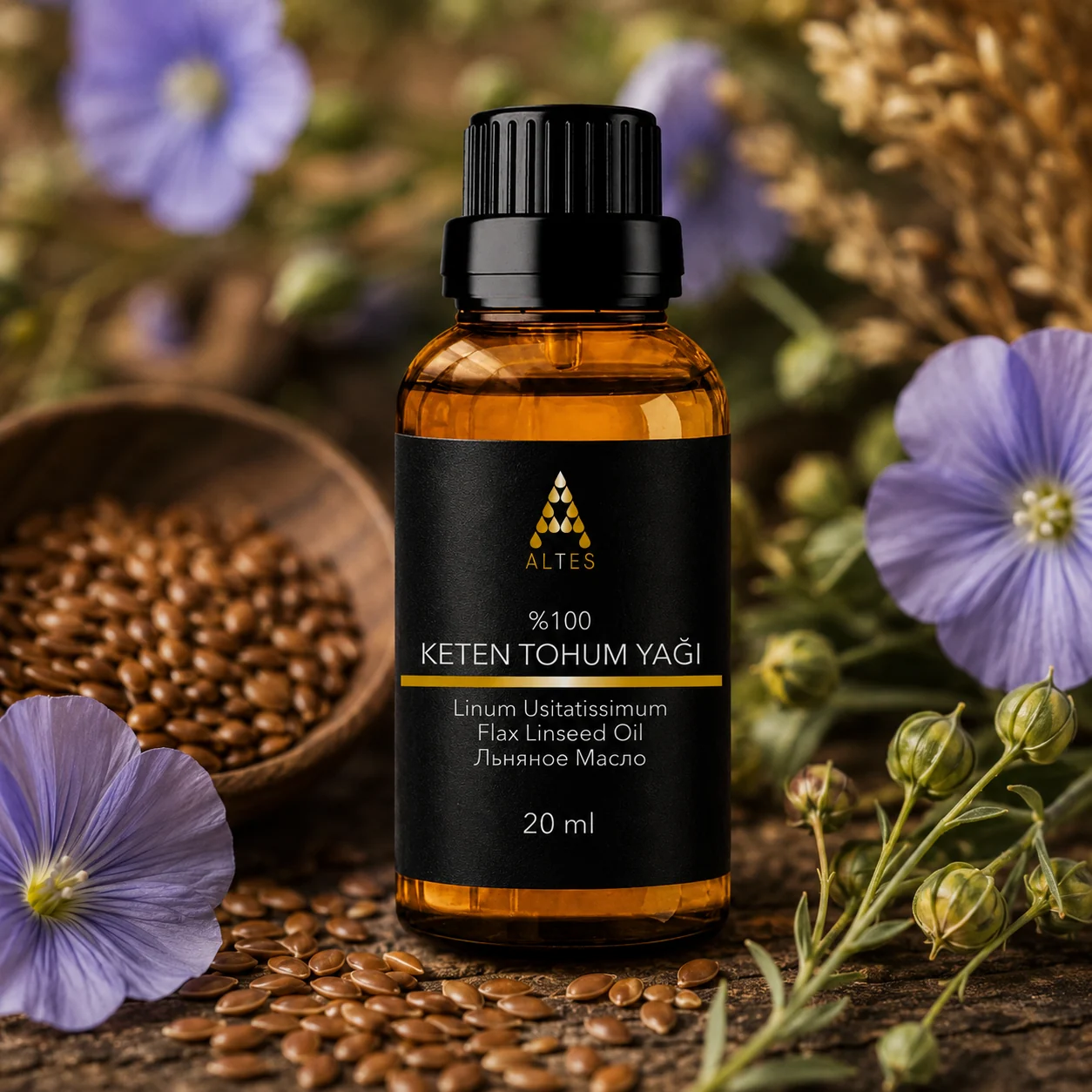 ALTES Keten Tohumu Yağı 20 ml – %100 Saf ve Doğal - bitkisel yakın plan ürün görseli
