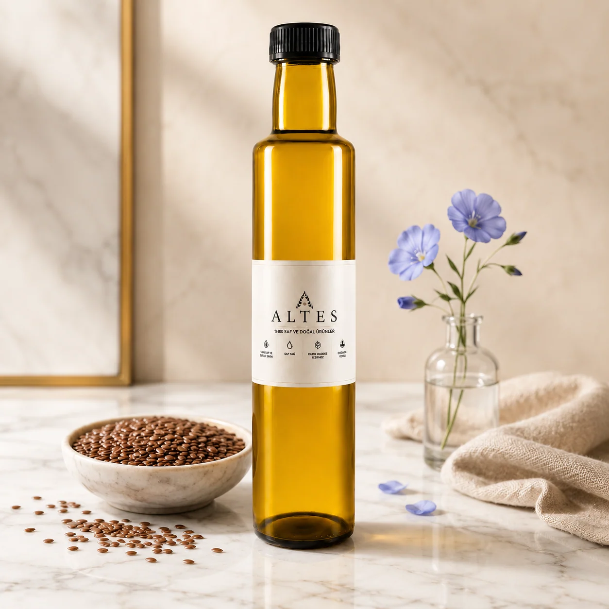 ALTES Keten Tohumu Yağı 250 ml – %100 Saf ve Doğal - mermer zemin ürün görseli