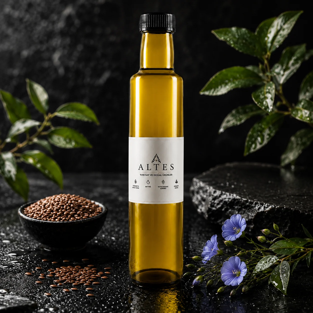 ALTES Keten Tohumu Yağı 250 ml – %100 Saf ve Doğal - siyah taş zemin ürün görseli