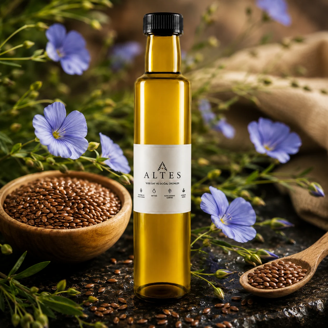 ALTES Keten Tohumu Yağı 250 ml – %100 Saf ve Doğal - bitkisel yakın plan ürün görseli