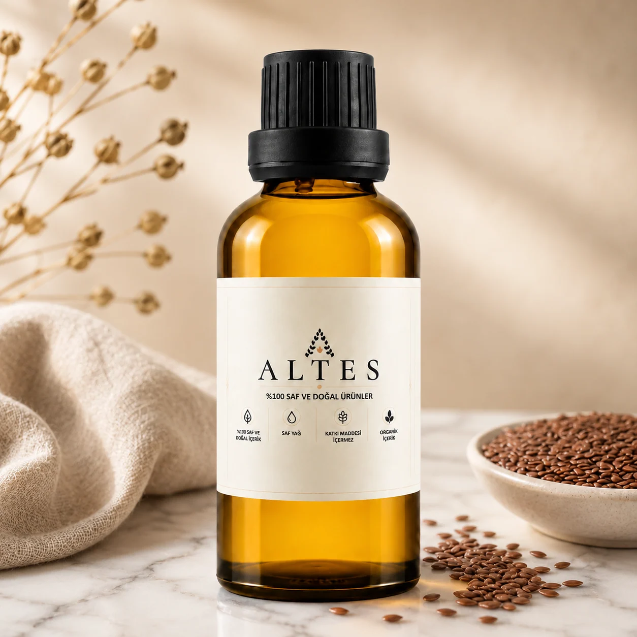 ALTES Keten Tohumu Yağı 50 ml – %100 Saf ve Doğal - mermer zemin ürün görseli