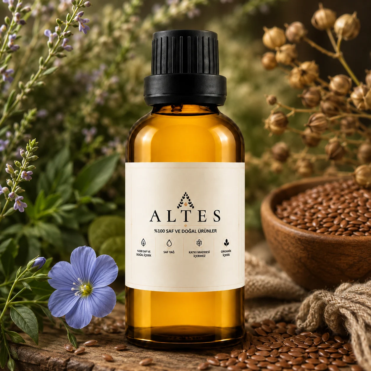 ALTES Keten Tohumu Yağı 50 ml – %100 Saf ve Doğal - bitkisel yakın plan ürün görseli