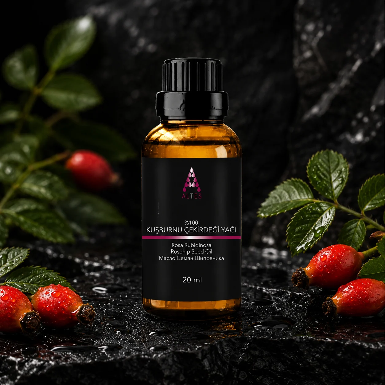 ALTES Kuşburnu Yağı 20 ml – %100 Saf ve Doğal - siyah taş zemin ürün görseli