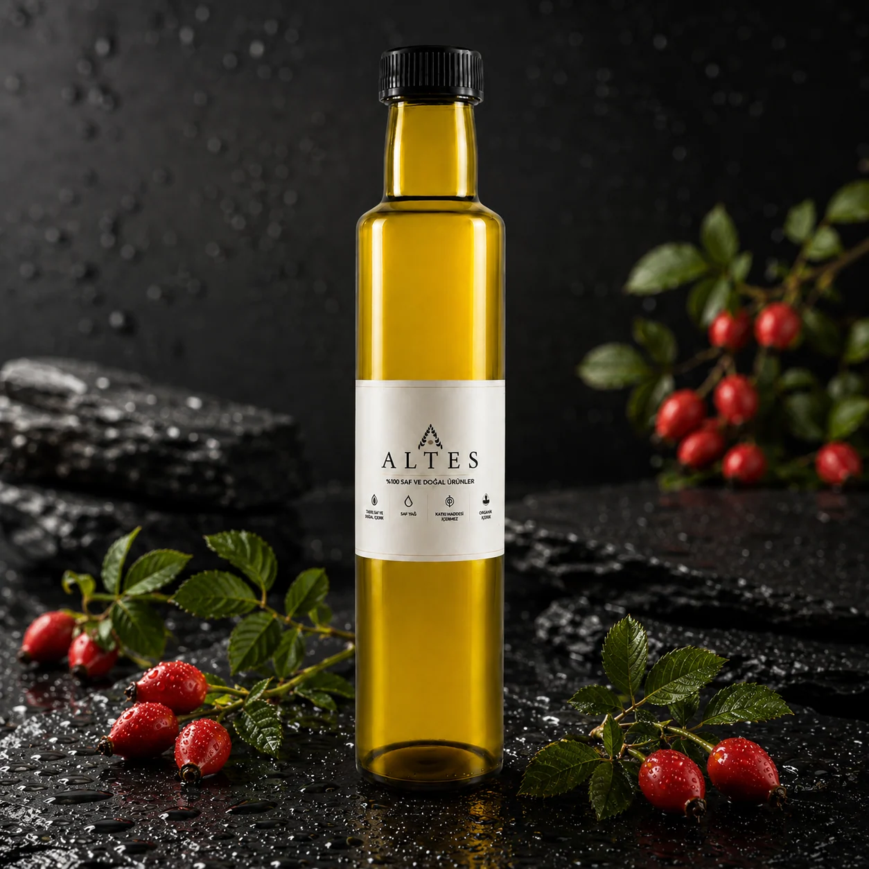 ALTES Kuşburnu Yağı 250 ml – %100 Saf ve Doğal - siyah taş zemin ürün görseli