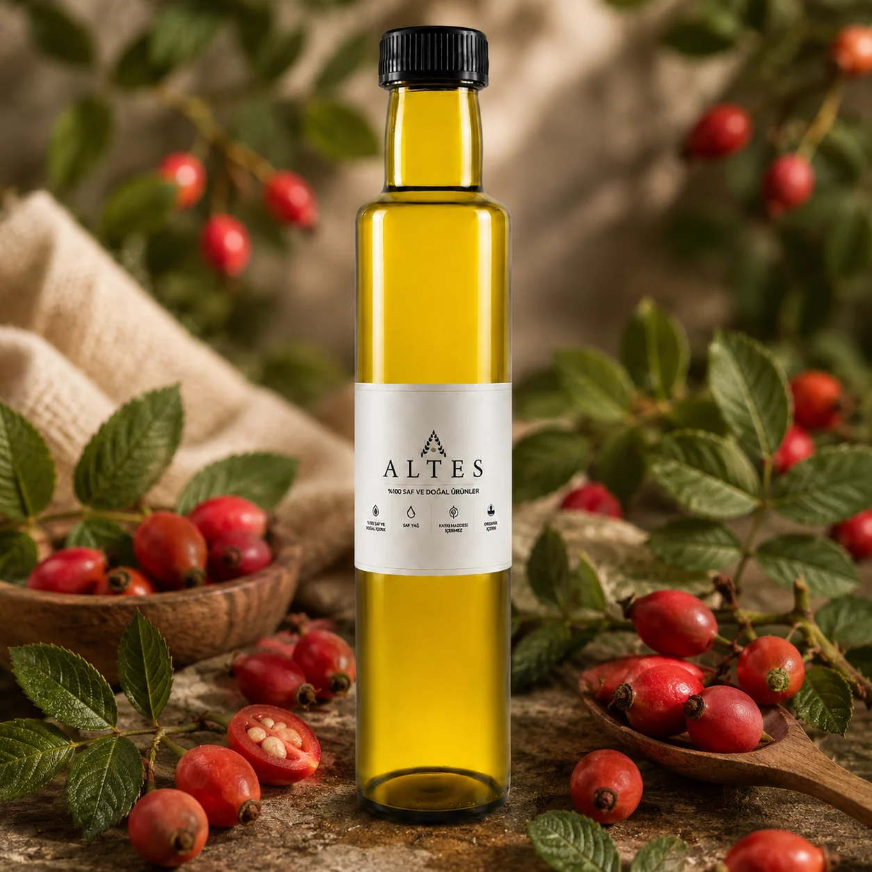 ALTES Kuşburnu Yağı 250 ml – %100 Saf ve Doğal - bitkisel yakın plan ürün görseli
