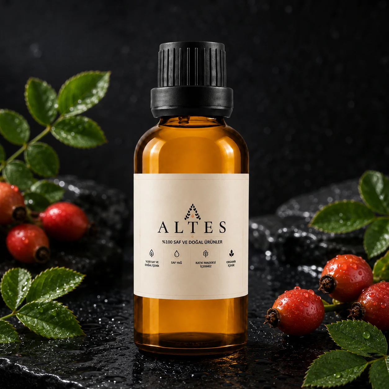 ALTES Kuşburnu Yağı 50 ml – %100 Saf ve Doğal - siyah taş zemin ürün görseli