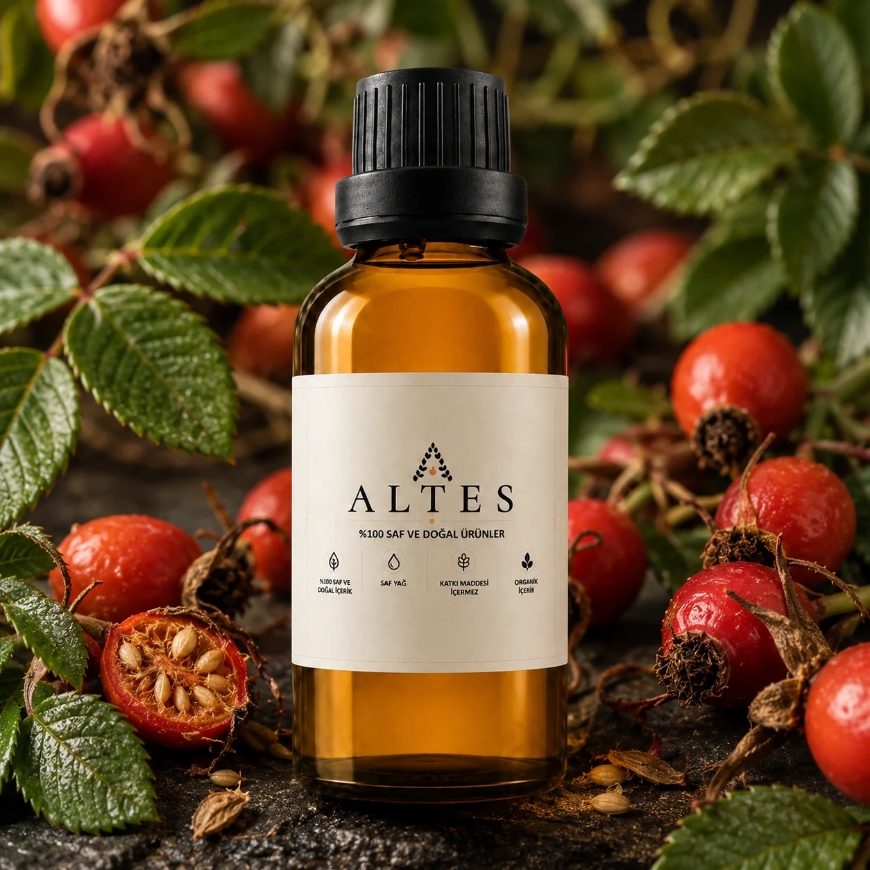 ALTES Kuşburnu Yağı 50 ml – %100 Saf ve Doğal - bitkisel yakın plan ürün görseli