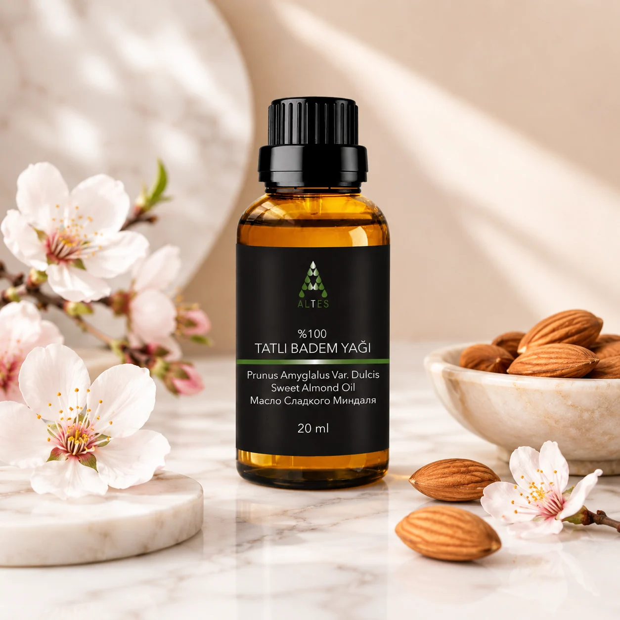 ALTES Tatlı Badem Yağı 20 ml – %100 Saf ve Doğal - mermer zemin ürün görseli