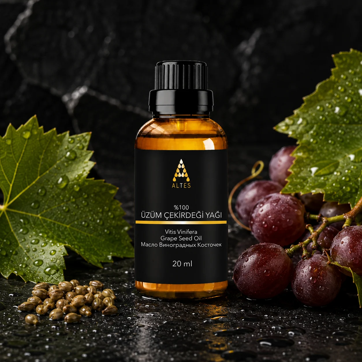 ALTES Üzüm Çekirdeği Yağı 20 ml – %100 Saf ve Doğal - siyah taş zemin ürün görseli